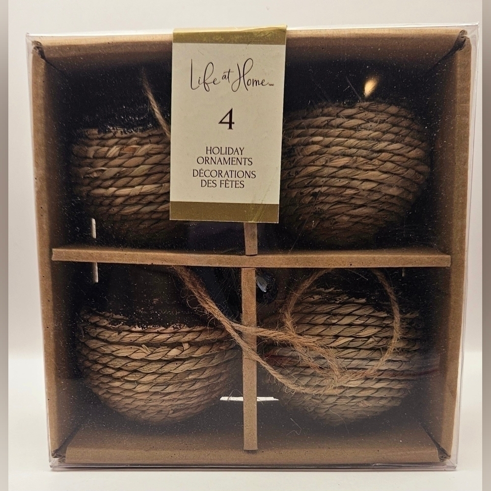 Life at Home Twine Christmas Ornaments Set of 4 Rustic Farmhouse Jute New